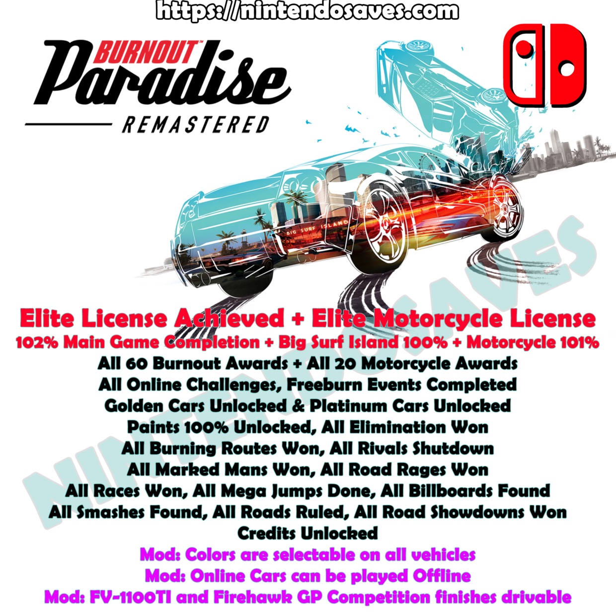 Burnout Paradise Remastered Nintendo Switch 2 completed save 100
