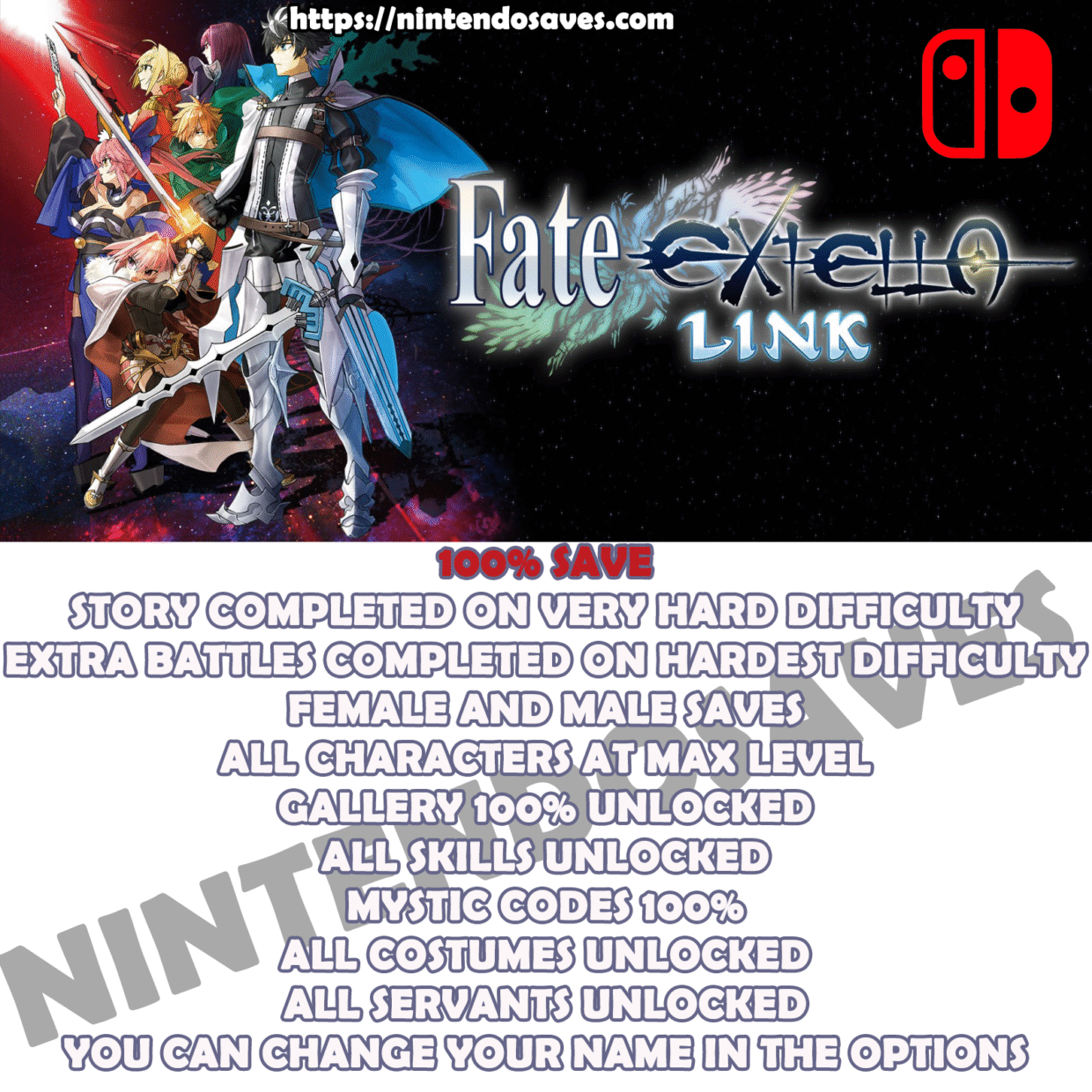 Fate EXTELLA LINK 100 save completed percent nintendo switch 2 cheats