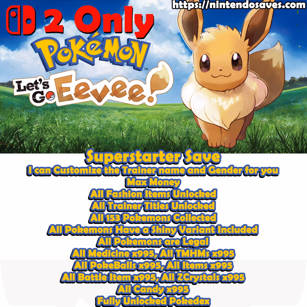 Pokemon Let's Go Eevee! save cheats all pokemons nintendo switch 2